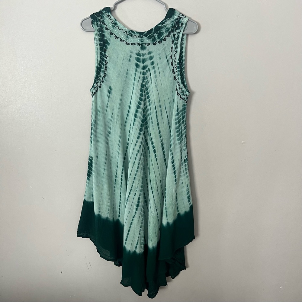 Tie Dye Green Embroidered Midi Dress Asymmetrical Hem Beach Swim Coverup Boho - Picture 8 of 12